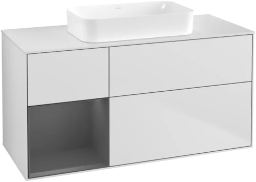 VILLEROY BOCH Toaletní skříňka Finion, s osvětlením, 3 výsuvy, 1200 x 603 x 501 mm, bílý matný lak / antracitový matný lak / bílé matné sklo #F701GKMT