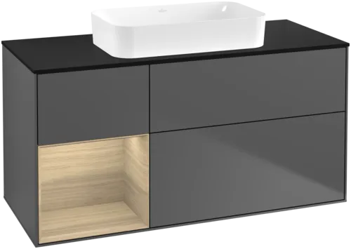 VILLEROY BOCH Toaletní skříňka Finion, s osvětlením, 3 výsuvy, 1200 x 603 x 501 mm, antracitový matný lak / dubová dýha / černé matné sklo #F702PCGK