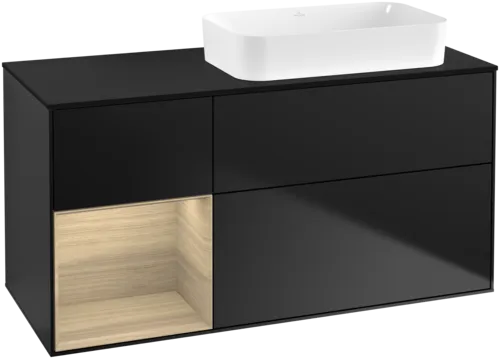 VILLEROY BOCH Toaletní skříňka Finion, s osvětlením, 3 výsuvy, 1200 x 603 x 501 mm, černý matný lak / dubová dýha / černé matné sklo #F682PCPD