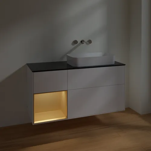 VILLEROY BOCH Toaletní skříňka Finion, s osvětlením, 3 výsuvy, 1200 x 603 x 501 mm, bílý matný lak / zlatý matný lak / černé matné sklo #F682HFMT, obrázek 4