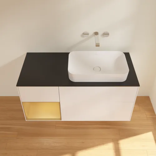 VILLEROY BOCH Toaletní skříňka Finion, s osvětlením, 3 výsuvy, 1200 x 603 x 501 mm, bílý matný lak / zlatý matný lak / černé matné sklo #F682HFMT, obrázek 3