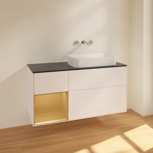 VILLEROY BOCH Toaletní skříňka Finion, s osvětlením, 3 výsuvy, 1200 x 603 x 501 mm, bílý matný lak / zlatý matný lak / černé matné sklo #F682HFMT, obrázek 2