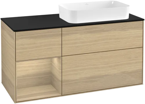 VILLEROY BOCH Toaletní stolek Finion, s osvětlením, 3 výsuvy, 1200 x 603 x 501 mm, dubová dýha / dubová dýha / sklo černé matné #F682PCPC