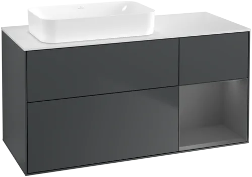 VILLEROY BOCH Toaletní skříňka Finion, s osvětlením, 3 výsuvy, 1200 x 603 x 501 mm, Midnight Blue Matt Lacquer / Anthracite Matt Lacquer / Glass White Matt #F691GKHG
