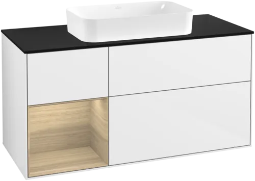 VILLEROY BOCH Toaletní skříňka Finion, s osvětlením, 3 výsuvy, 1200 x 603 x 501 mm, lesklý bílý lak / dubová dýha / černé matné sklo #F702PCGF