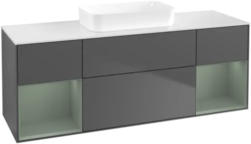 VILLEROY BOCH Toaletní skříňka Finion, s osvětlením, 4 výsuvy, 1600 x 603 x 501 mm, antracitový matný lak / olivový matný lak / bílé matné sklo #F741GMGK