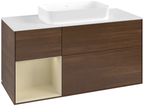 VILLEROY BOCH Toaletní skříňka Finion, s osvětlením, 3 výsuvy, 1200 x 603 x 501 mm, ořechová dýha / hedvábně šedý matný lak / sklo bílé matné #F701HJGN