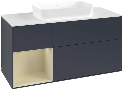 VILLEROY BOCH Toaletní skříňka Finion, s osvětlením, 3 výsuvy, 1200 x 603 x 501 mm, Midnight Blue Matt Lacquer / Silk Grey Matt Lacquer / Glass White Matt #F701HJHG