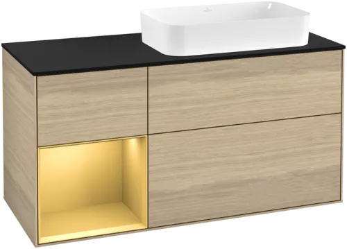 VILLEROY BOCH Toaletní skříňka Finion, s osvětlením, 3 výsuvy, 1200 x 603 x 501 mm, dubová dýha / zlatý matný lak / černé matné sklo #F682HFPC