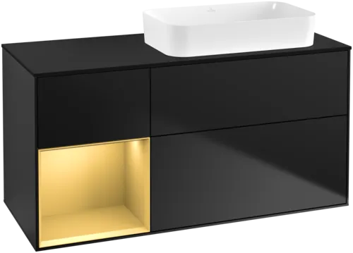VILLEROY BOCH Toaletní skříňka Finion, s osvětlením, 3 výsuvy, 1200 x 603 x 501 mm, černý matný lak / zlatý matný lak / černé matné sklo #F682HFPD