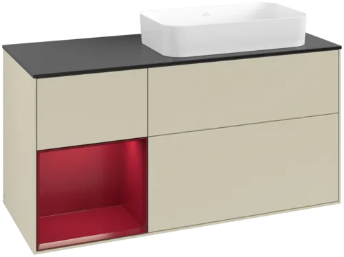 VILLEROY BOCH Toaletní skříňka Finion, s osvětlením, 3 výsuvy, 1200 x 603 x 501 mm, Silk Grey Matt Lacquer / Peony Matt Lacquer / Glass Black Matt #F682HBHJ
