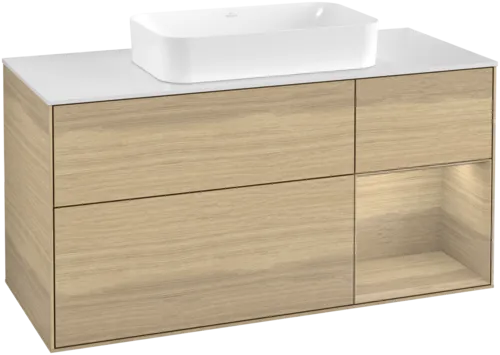 VILLEROY BOCH Toaletní skříňka Finion, s osvětlením, 3 výsuvy, 1200 x 603 x 501 mm, dubová dýha / dubová dýha / sklo bílé matné #F711PCPC