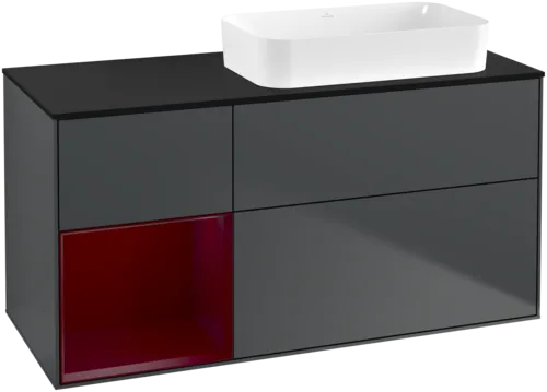 VILLEROY BOCH Toaletní skříňka Finion, s osvětlením, 3 výsuvy, 1200 x 603 x 501 mm, Midnight Blue Matt Lacquer / Peony Matt Lacquer / Glass Black Matt #F682HBHG