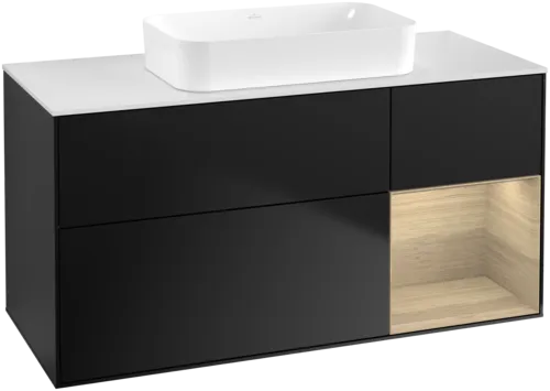 VILLEROY BOCH Toaletní skříňka Finion, s osvětlením, 3 výsuvy, 1200 x 603 x 501 mm, černý matný lak / dubová dýha / sklo bílé matné #F711PCPD