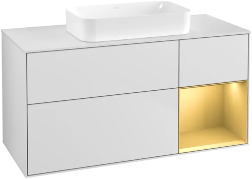VILLEROY BOCH Toaletní skříňka Finion, s osvětlením, 3 výsuvy, 1200 x 603 x 501 mm, bílý matný lak / zlatý matný lak / bílé matné sklo #F711HFMT