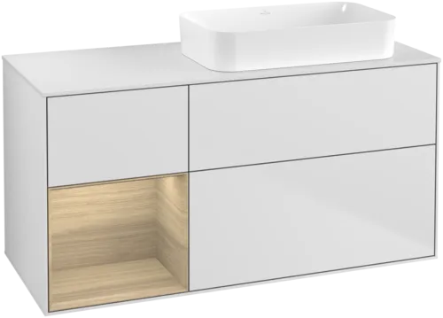 VILLEROY BOCH Toaletní skříňka Finion, s osvětlením, 3 výsuvy, 1200 x 603 x 501 mm, bílý matný lak / dubová dýha / sklo bílé matné #F681PCMT