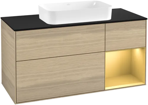 VILLEROY BOCH Toaletní skříňka Finion, s osvětlením, 3 výsuvy, 1200 x 603 x 501 mm, dubová dýha / zlatý matný lak / černé matné sklo #F712HFPC