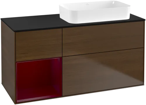 VILLEROY BOCH Toaletní skříňka Finion, s osvětlením, 3 výsuvy, 1200 x 603 x 501 mm, ořechová dýha / matný lak Pivoňka / černé matné sklo #F682HBGN