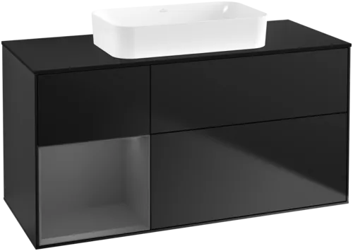 VILLEROY BOCH Toaletní skříňka Finion, s osvětlením, 3 výsuvy, 1200 x 603 x 501 mm, černý matný lak / antracitový matný lak / černé matné sklo #F702GKPD