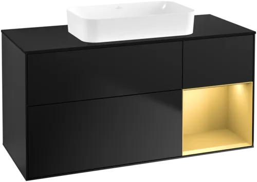 VILLEROY BOCH Toaletní skříňka Finion, s osvětlením, 3 výsuvy, 1200 x 603 x 501 mm, černý matný lak / zlatý matný lak / černé matné sklo #F712HFPD