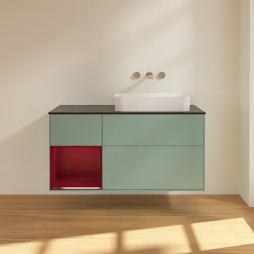 VILLEROY BOCH Toaletní skříňka Finion, s osvětlením, 3 výsuvy, 1200 x 603 x 501 mm, olivový matný lak / pivoňkový matný lak / černé matné sklo #F682HBGM, obrázek 3