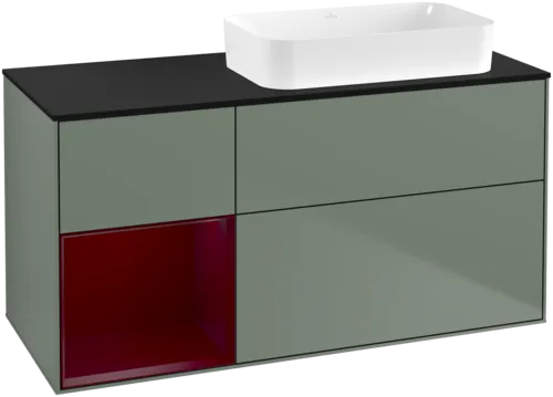 VILLEROY BOCH Toaletní skříňka Finion, s osvětlením, 3 výsuvy, 1200 x 603 x 501 mm, olivový matný lak / pivoňkový matný lak / černé matné sklo #F682HBGM