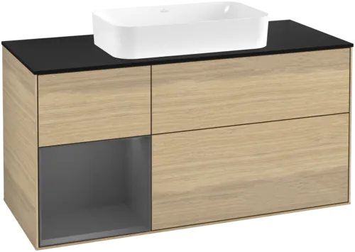 VILLEROY BOCH Toaletní skříňka Finion, s osvětlením, 3 výsuvy, 1200 x 603 x 501 mm, dubová dýha / antracitový matný lak / černé matné sklo #F702GKPC