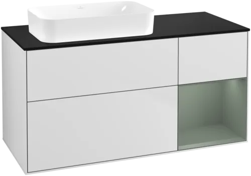 VILLEROY BOCH Toaletní skříňka Finion, s osvětlením, 3 výsuvy, 1200 x 603 x 501 mm, bílý matný lak / olivový matný lak / černé matné sklo #F692GMMT