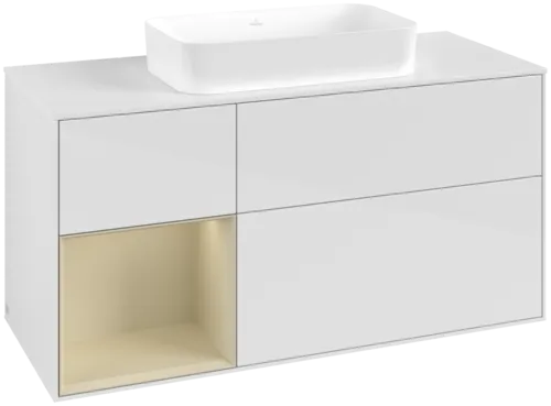 VILLEROY BOCH Toaletní skříňka Finion, s osvětlením, 3 výsuvy, 1200 x 603 x 501 mm, lesklý bílý lak / hedvábně šedý matný lak / bílé matné sklo #F701HJGF