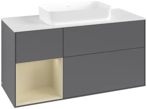 VILLEROY BOCH Toaletní skříňka Finion, s osvětlením, 3 výsuvy, 1200 x 603 x 501 mm, antracitový matný lak / hedvábně šedý matný lak / bílé matné sklo #F701HJGK