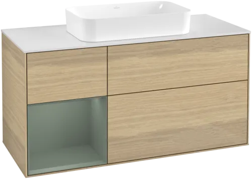 VILLEROY BOCH Toaletní skříňka Finion, s osvětlením, 3 výsuvy, 1200 x 603 x 501 mm, dubová dýha / olivový matný lak / sklo bílé matné #F701GMPC