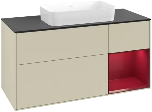 VILLEROY BOCH Toaletní skříňka Finion, s osvětlením, 3 výsuvy, 1200 x 603 x 501 mm, Silk Grey Matt Lacquer / Peony Matt Lacquer / Glass Black Matt #F712HBHJ