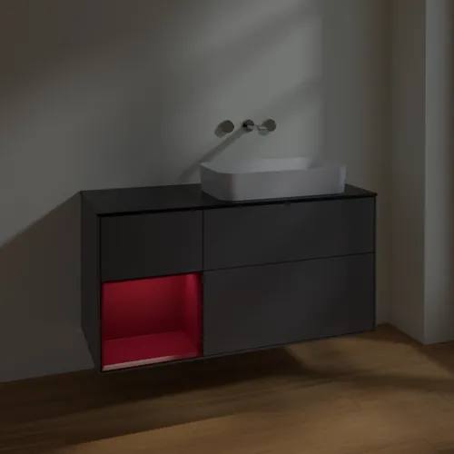 VILLEROY BOCH Toaletní skříňka Finion, s osvětlením, 3 výsuvy, 1200 x 603 x 501 mm, antracitový matný lak / pivoňkový matný lak / černé matné sklo #F682HBGK, obrázek 3