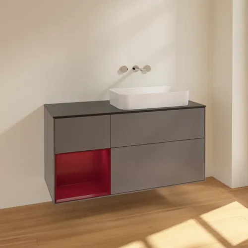 VILLEROY BOCH Toaletní skříňka Finion, s osvětlením, 3 výsuvy, 1200 x 603 x 501 mm, antracitový matný lak / pivoňkový matný lak / černé matné sklo #F682HBGK, obrázek 2