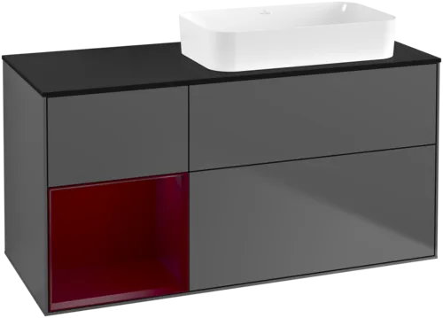 VILLEROY BOCH Toaletní skříňka Finion, s osvětlením, 3 výsuvy, 1200 x 603 x 501 mm, antracitový matný lak / pivoňkový matný lak / černé matné sklo #F682HBGK