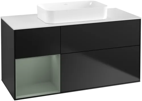 VILLEROY BOCH Toaletní skříňka Finion, s osvětlením, 3 výsuvy, 1200 x 603 x 501 mm, černý matný lak / olivový matný lak / bílé matné sklo #F701GMPD