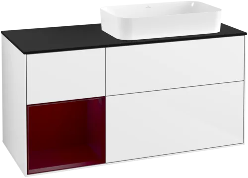VILLEROY BOCH Toaletní skříňka Finion, s osvětlením, 3 výsuvy, 1200 x 603 x 501 mm, lesklý bílý lak / matný lak Pivoňka / matné černé sklo #F682HBGF