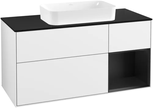VILLEROY BOCH Toaletní skříňka Finion, s osvětlením, 3 výsuvy, 1200 x 603 x 501 mm, lesklý bílý lak / černý matný lak / černé matné sklo #F712PDGF