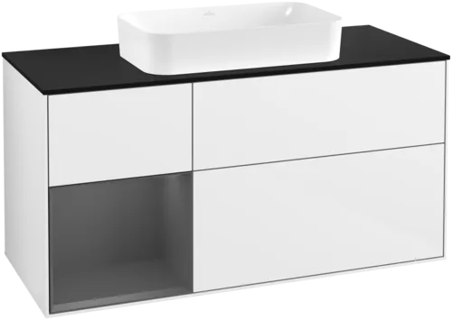 VILLEROY BOCH Toaletní skříňka Finion, s osvětlením, 3 výsuvy, 1200 x 603 x 501 mm, lesklý bílý lak / antracitový matný lak / černé matné sklo #F702GKGF