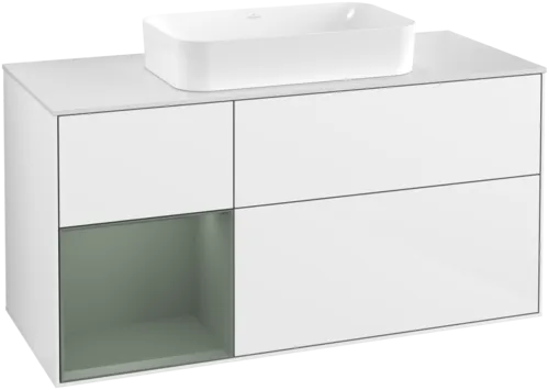 VILLEROY BOCH Toaletní skříňka Finion, s osvětlením, 3 výsuvy, 1200 x 603 x 501 mm, lesklý bílý lak / olivově matný lak / sklo bílé matné #F701GMGF