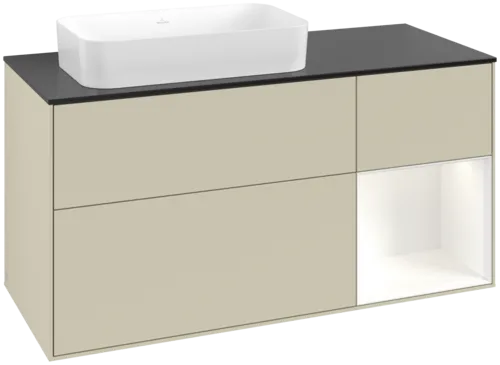 VILLEROY BOCH Toaletní skříňka Finion, s osvětlením, 3 výsuvy, 1200 x 603 x 501 mm, Silk Grey Matt Lacquer / White Matt Lacquer / Glass Black Matt #F692MTHJ