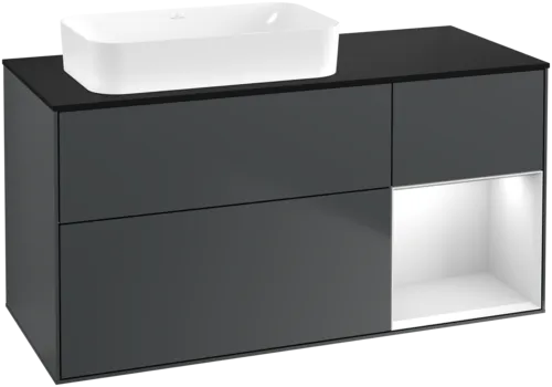 VILLEROY BOCH Toaletní skříňka Finion, s osvětlením, 3 výsuvy, 1200 x 603 x 501 mm, Midnight Blue Matt Lacquer / White Matt Lacquer / Glass Black Matt #F692MTHG
