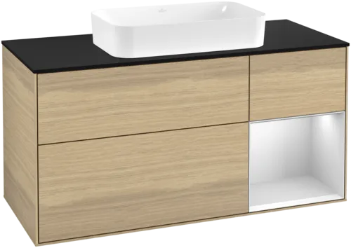 VILLEROY BOCH Toaletní skříňka Finion, s osvětlením, 3 výsuvy, 1200 x 603 x 501 mm, dubová dýha / bílý matný lak / černé matné sklo #F712MTPC