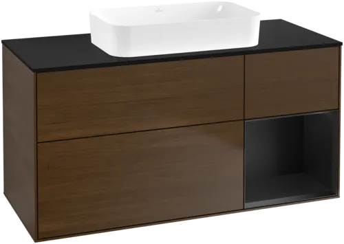 VILLEROY BOCH Toaletní skříňka Finion, s osvětlením, 3 výsuvy, 1200 x 603 x 501 mm, ořechová dýha / černý matný lak / černé matné sklo #F712PDGN
