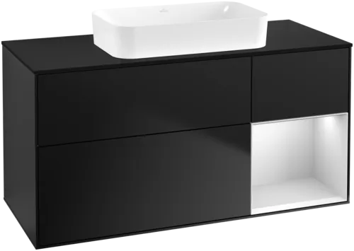 VILLEROY BOCH Toaletní skříňka Finion, s osvětlením, 3 výsuvy, 1200 x 603 x 501 mm, černý matný lak / bílý matný lak / černé matné sklo #F712MTPD