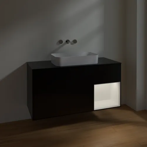 VILLEROY BOCH Toaletní skříňka Finion, s osvětlením, 3 výsuvy, 1200 x 603 x 501 mm, černý matný lak / bílý matný lak / černé matné sklo #F712MTPD, obrázek 4