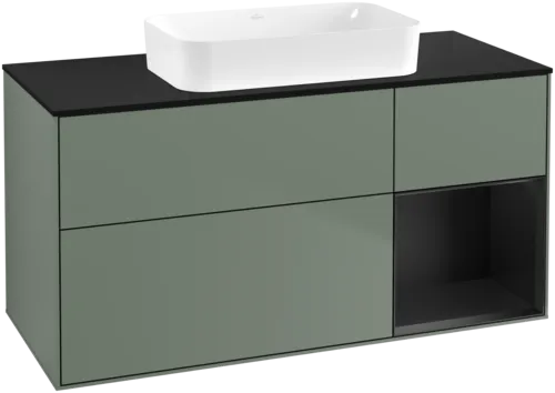 VILLEROY BOCH Toaletní skříňka Finion, s osvětlením, 3 výsuvy, 1200 x 603 x 501 mm, olivový matný lak / černý matný lak / černé matné sklo #F712PDGM
