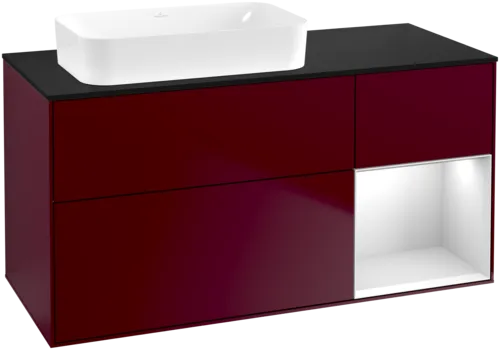 VILLEROY BOCH Toaletní skříňka Finion, s osvětlením, 3 výsuvy, 1200 x 603 x 501 mm, matný lak Peony / bílý matný lak / černé matné sklo #F692MTHB