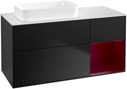 VILLEROY BOCH Toaletní skříňka Finion, s osvětlením, 3 výsuvy, 1200 x 603 x 501 mm, černý matný lak / pivoňkový matný lak / bílé matné sklo #F691HBPD