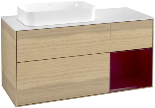 VILLEROY BOCH Toaletní skříňka Finion, s osvětlením, 3 výsuvy, 1200 x 603 x 501 mm, dubová dýha / matný lak Pivoňka / matné bílé sklo #F691HBPC